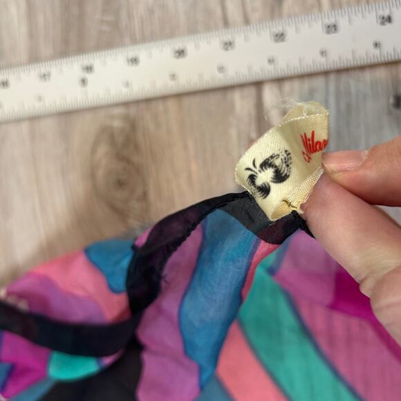 Vintage Milanowek Silk Scarf Black Mod Floral Rainbow Print 70s Square 24x25 - Picture 7 of 9